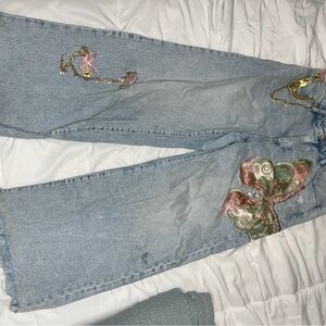 BUY 2 get 1 FREE : Embroidered Butterfly Light Blue Jeans